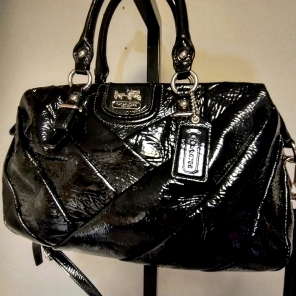 Coach Diagonal Pleated Patent Leather  Madison Handbag Crossbody Satchel Black